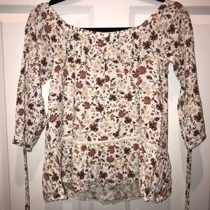American Eagle White Red Floral Flowy Blouse Off The Shoulder